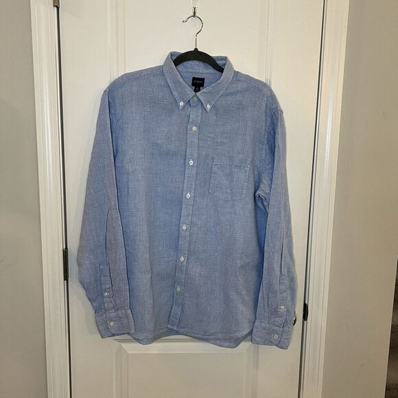 J Crew Men’s Button Down Shirt XL  Linen Blend Blue White Checkered - Picture 1 of 4